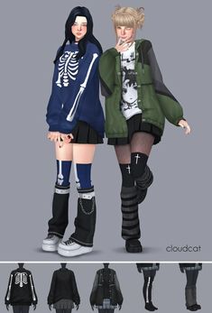 two young women are standing next to each other wearing hoodies and knee high boots