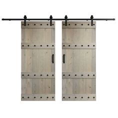 two wooden doors with black hardware on the top and bottom, against a white background