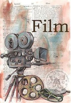 an old fashioned movie camera sitting on top of a piece of paper with the words film written