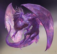 a purple dragon is flying in the air with it's wings spread wide open