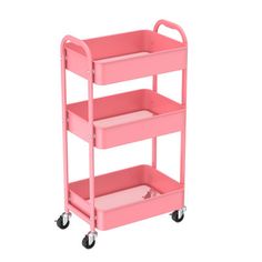 a pink trolley with three shelves on wheels