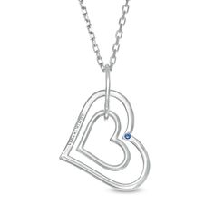 Reflecting your romance, this diamond tilted heart pendant from the Vera Wang Love Collection makes any day special. Created in sterling silver This choice features a shimmering diamond-adorned heart outline inside a larger polished heart shape - glistening along a linear diamond-adorned bail. Set into the back of design is a round bright blue sapphire, the signature of the collection and a symbol of faithfulness and everlasting love. Captivating with 1/8 ct. t.w. of diamonds This pendant suspends slightly askew along a 19.0-inch cable chain, with additional closure rings at 15.0 and 17.0 inches, that secures with a lobster claw clasp. Designed for the Diamond Store®. Silver Sterling Silver Heart Cut Birthstone Necklace, Sterling Silver Heart Cut Birthstone Necklace For Valentine's Day, Silver Sterling Birthstone Necklace With Heart Cut, Sterling Silver Birthstone Necklace With Heart Pendant And Charm, Sterling Silver Birthstone Necklace With Heart Charm And Pendant, Anniversary Birthstone Necklace With Open Heart Charm, Sterling Silver Diamond Cut Heart Necklace For Mother's Day, White Gold Sterling Silver Heart Pendant Birthstone Necklace, Anniversary Sterling Silver Heart Necklace In White Gold