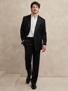 Black Suit With White Shirt, Ceremony Outfit Men, Man Formal Outfit, Black Formal Wear Men, Black Suit Men Outfit, Casual Black Suit, Formal Mens Fashion Wedding, Suit With No Tie, Black And White Gala Outfit