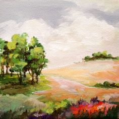 an oil painting of trees and hills in the distance