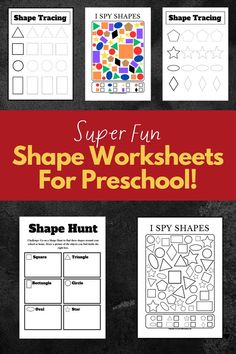 Pin text reads, super fun shape worksheets for preschool! Images are 5 of them.