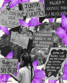 a collage of people holding signs and flowers in front of purple petals on the ground