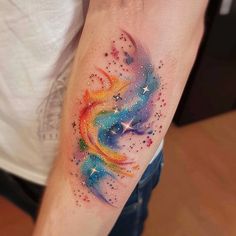 Tattoos For Women Tattoo Vector Art Night Sky Tattoo Color, Colorful Spiritual Tattoos, Galaxy Tattoo Colorful, Colorful Moon And Stars Tattoo, Watercolor Celestial Tattoo, Side Back Tattoos, Neck Tattoos For Women, Designed Tattoos, Women Vector