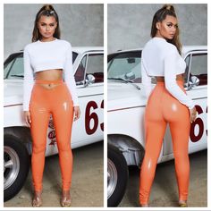 Add A Fierce Touch To Your Look With Our High Shine Vinyl Trousers. Styled With A Statement Cut Out Detail And A Figure-Hugging Fit. Details | Model Stats Hidden Zipper Soft Interior Lining 75% Polyester, 20% Pu, 5% Spandex Fits True To Size Trousers Are 104cm In Length Fitted Orange Pants For Night Out, Light Blue Sweatpants, Vinyl Trousers, Low Rise Boyfriend Jeans, Cropped Sweatpants, Trousers Women Wide Leg, Satin Jumpsuit, Mesh Leggings, Red Jumpsuit