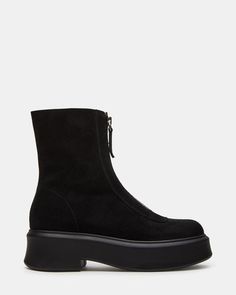 JONES Black Suede Zipper Lug Ankle Boot | Women's Booties Black Low-top Suede Boots, Woeksn Black Suede Boots, Black Suede-lined Heeled Boots For Winter, Steve Madden Black Suede Boots, Black Suede Boots With 4-inch Heel, Women's Booties, 2 Inch Heels, Zipper Detail, Womens Boots Ankle