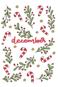 the word december surrounded by candy canes and holly branches