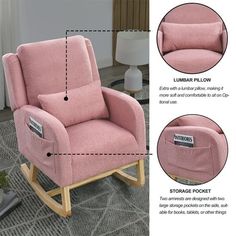 a pink rocking chair with instructions on how to put the seat back in it's position