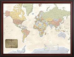 a framed world map with the names of countries