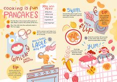 an image of cooking with pancakes and other things in the kitchen info sheet