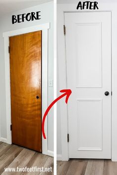 before and after photos of a white door with woodgrain on the bottom half