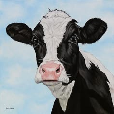 a painting of a black and white cow with blue sky in the backgroud