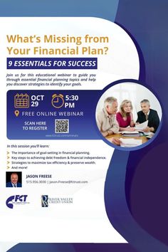 a flyer for an financial plan with two people sitting at a table and one person standing in