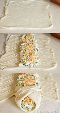 four different stages of making pizza dough with cheese and other toppings on top, including bread