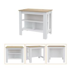 three different views of a white coffee table with shelves on each side and an open shelf at the top