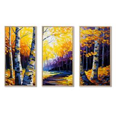 three paintings of trees with yellow leaves on them