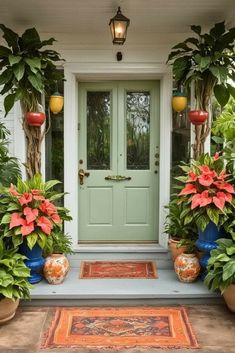 the front door is decorated with potted plants