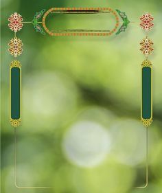 an image of a green and gold frame with flowers on the side, along with other decorative elements