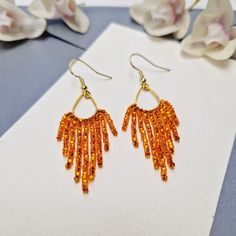 Long Dangle Beaded Earrings, Seed Bead Earrings, Fringe Earrings, Chandelier Earrings, Orange and Gold Earrings, Birthday Gift for Her - Etsy Dangle Beaded Earrings, Earrings Chandelier, Orange And Gold, Birthday Gift For Her, Seed Bead Earrings, Fringe Earrings, Bead Earrings, Beaded Dangles, Birthday Gifts For Her