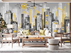 a living room with yellow and gray wallpaper, chairs, couches and coffee table