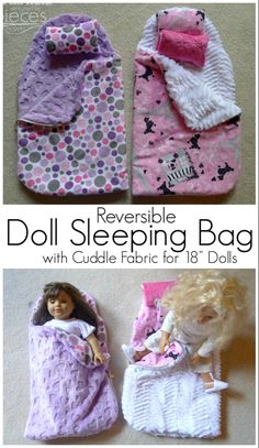 Reversible Doll Sleeping Bag with Cuddle Fabric - Fairfield World Craft Projects Doll Sleeping Bag, American Girl Doll Patterns, American Girl Doll Clothes Patterns, Sewing Doll Clothes, American Doll Clothes, Bag Sewing, Baby Doll Clothes, American Girl Clothes, Barbie Diy