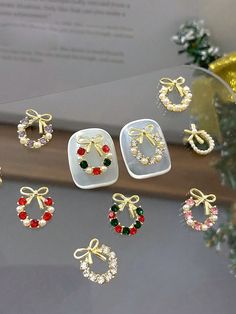 10pcs Assorted Gold Tone Christmas Wreath, Bowknot, Rhinestone, Pearl Nail Art Decorations - 3D Metal Nail Jewels For DIY Multicolor    Zinc Alloy  3D Decoration   Nail,Hand & Foot Care, size features are:Bust: ,Length: ,Sleeve Length: Pearl Nail Art, Pearl Nail, Simple Hoop Earrings, Nail Jewels, Pearl Nails, 3d Metal, Laurel Wreath, Matching Jewelry, Silver Christmas