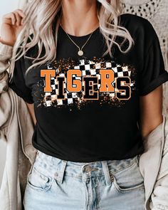 Tigers Letter Splatter DTF Transfer Cheer Apparel, School Spirit Shirts Designs, Tigers Shirt, School Shirt Designs, Mascot Shirt, School Spirit Shirts, Cheer Outfits, Tiger Shirt, Football Mom Shirts