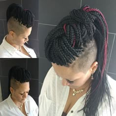 Braids With Shaved Sides Cornrows, Braid And Twist Mohawk, Box Braid Mohawk, Braids With Shaved Sides Black Women, Braided Faux Hawk Black, Braided Boho Mohawk, Braids Into A Mohawk, Easy Hairstyle Video