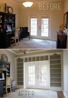 before and after photos of a living room with built in bookcases