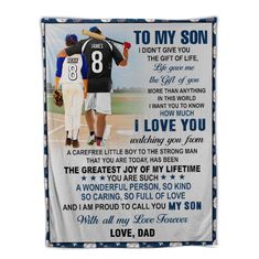 a baseball player's personalized blanket with the words to my son