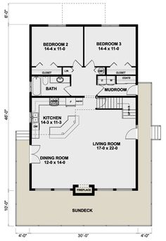 the floor plan for a two story house with an upstairs bedroom and living room area