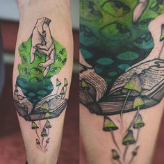 two different tattoos on the legs of people with books and flowers in them, one is green