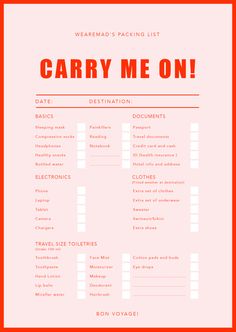 the carry me on travel checklist is shown in red and white, with an orange border