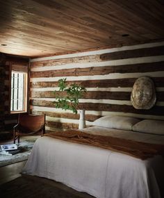 a bed in a room with wooden walls and a plant on the side of it