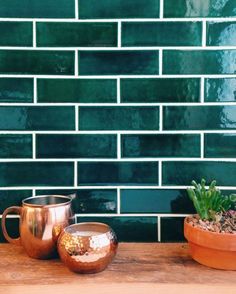 two potted plants sitting on top of a wooden table next to a green tiled wall