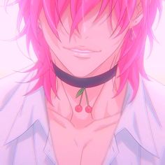 an anime character with pink hair wearing a choker and cherry on his chest,