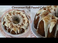 two pictures of cinnamon roll pound cake with icing and pecans on the top