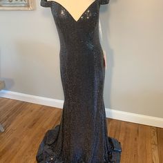 Floor Length Off The Shoulder Sequin Gown With Horse Hair Bottom Dresses Beautiful, Jovani Dresses, Prom Colors, Sequin Gown, Horse Hair, Floor Length, Black Silver, Off The Shoulder, Sequin