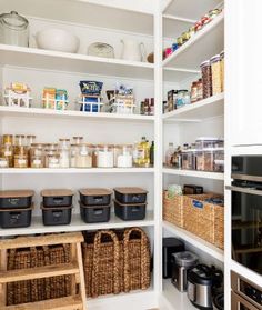 an organized pantry with baskets and food items