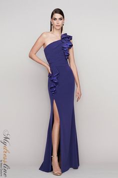 Looking for a unique and eye-catching gown? Look no further than the Frascara 4118! This one shoulder gown features a draped bodice with ruffle from shoulder to side peplum. The fit and flare silhouette is perfect for any special occasion, and the front side slit adds a touch of sexiness. The hidden back zipper makes for easy dressing, and the satin lining ensures a comfortable fit. Made from 80% triacetate and 20% polyester, this gown is sure to turn heads! Orchid Bridesmaid Dresses, Plastic Dress, Draped Bodice, One Shoulder Gown, Maxi Bridesmaid Dresses, Date Night Dresses, Long Bridesmaid Dresses, Unique Dresses, Evening Attire