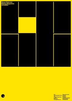 a yellow poster with black squares on the bottom, and white lines in the middle