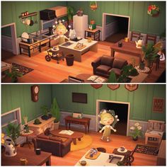 two pictures of a living room and kitchen in an animal crossing style house with furniture