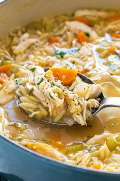 a ladle full of chicken noodle soup with carrots and celery