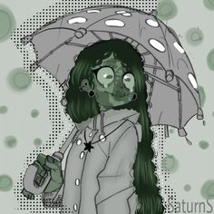 a drawing of a girl with green hair holding an umbrella in her hand and looking at the camera