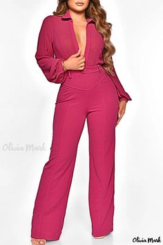 Olivia Mark - Solid Patchwork V-Neck Straight Jumpsuit in Rose Red Shade Pink Fitted V-neck Bodysuit, Elegant High Waist Pink Jumpsuits And Rompers, Elegant Pink High-waist Jumpsuits And Rompers, High Waist Bodysuit For Work, Pink V-neck Bodysuit For Spring, Solid V-neck Bodysuit For Work, V-neck Bodysuit For Workwear, Pink V-neck Spring Bodysuit, Fitted Pink Jumpsuits And Rompers For Work