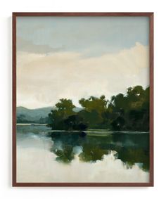 an oil painting of trees and water on a white wall with a brown wooden frame