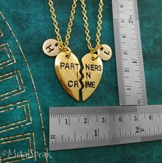 "This listing is for a personalized SET OF 2 \"partners in crime\" pendant necklaces with your choice of hand stamped initial charm for each. Let us know the initials you'd like when checking out by leaving a note. These charms can be put on a keyring or bangle bracelet instead, just select that as your style option when checking out. Ball chains and brown/black leather and suede cords are also available. **Please see the second photo for scale. The initial charm is 3/8 inch. ITEM CARE: We recom Best Friend Keychain, Friendship Keychain, Friend Keychain, Sisters Necklace, Heart Necklaces, Sister Necklace, Gift Best Friend, Friendship Jewelry, Friendship Necklaces